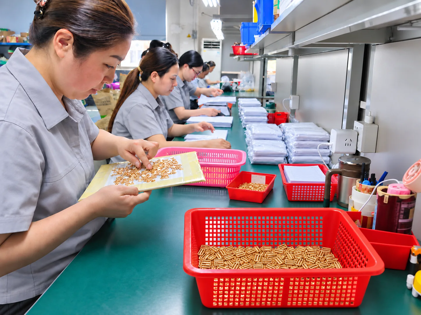 SANYE workers inspecting and packing gold swimwear sliders