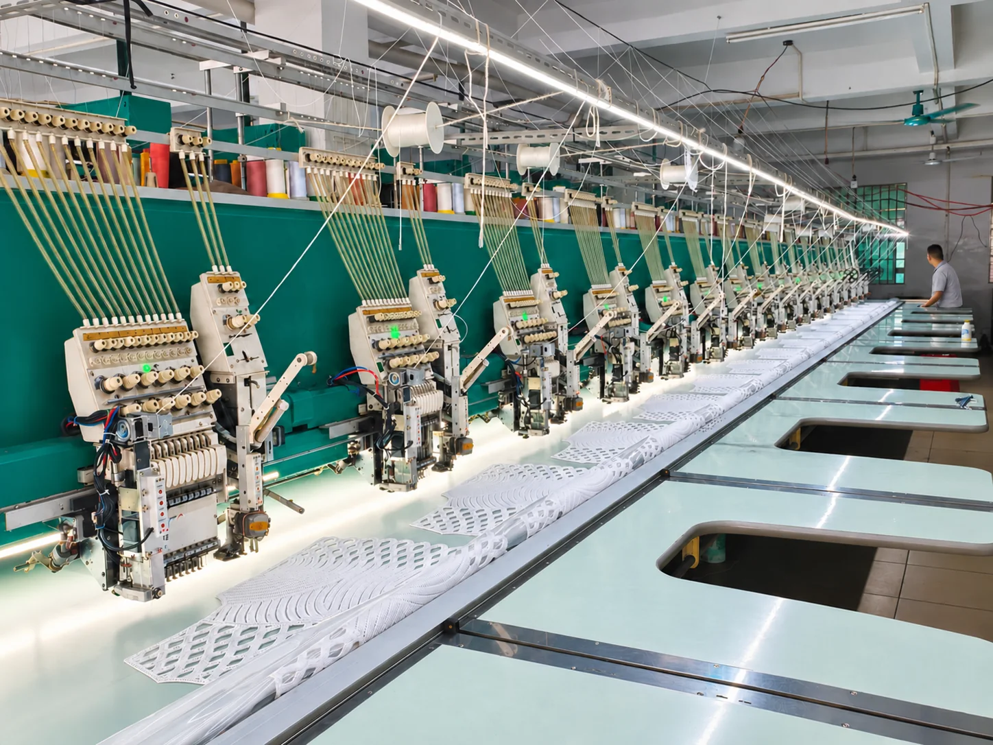 SANYE computerized embroidery line producing knitted cover-up panels